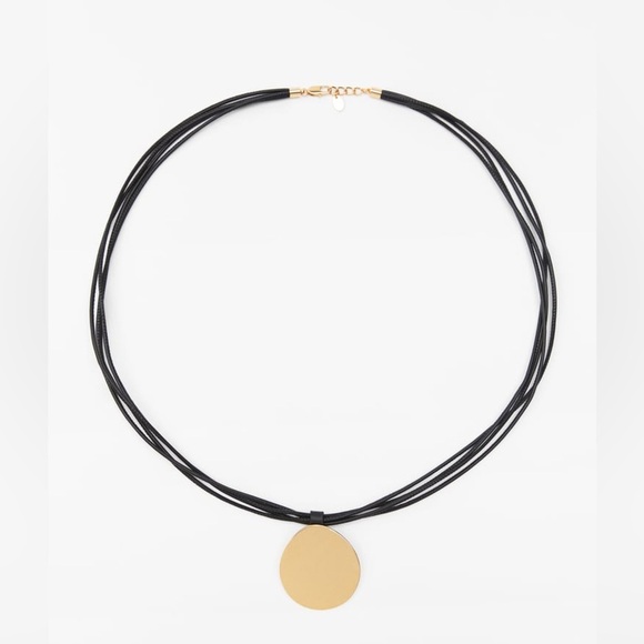 NWT. Zara Golden Leather cord necklace. Circular metal pendant. - Picture 1 of 8